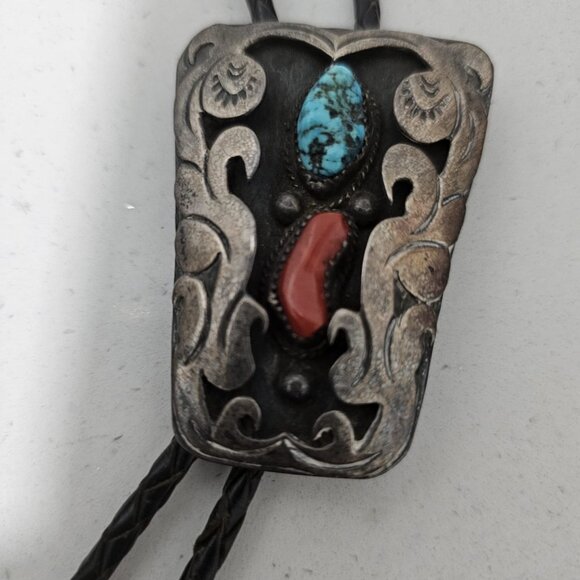 Bennett Pat Jewelry - Vintage Navajo Bolo Tie Turquoise Coral Bennett Pat. Pend. Sterling